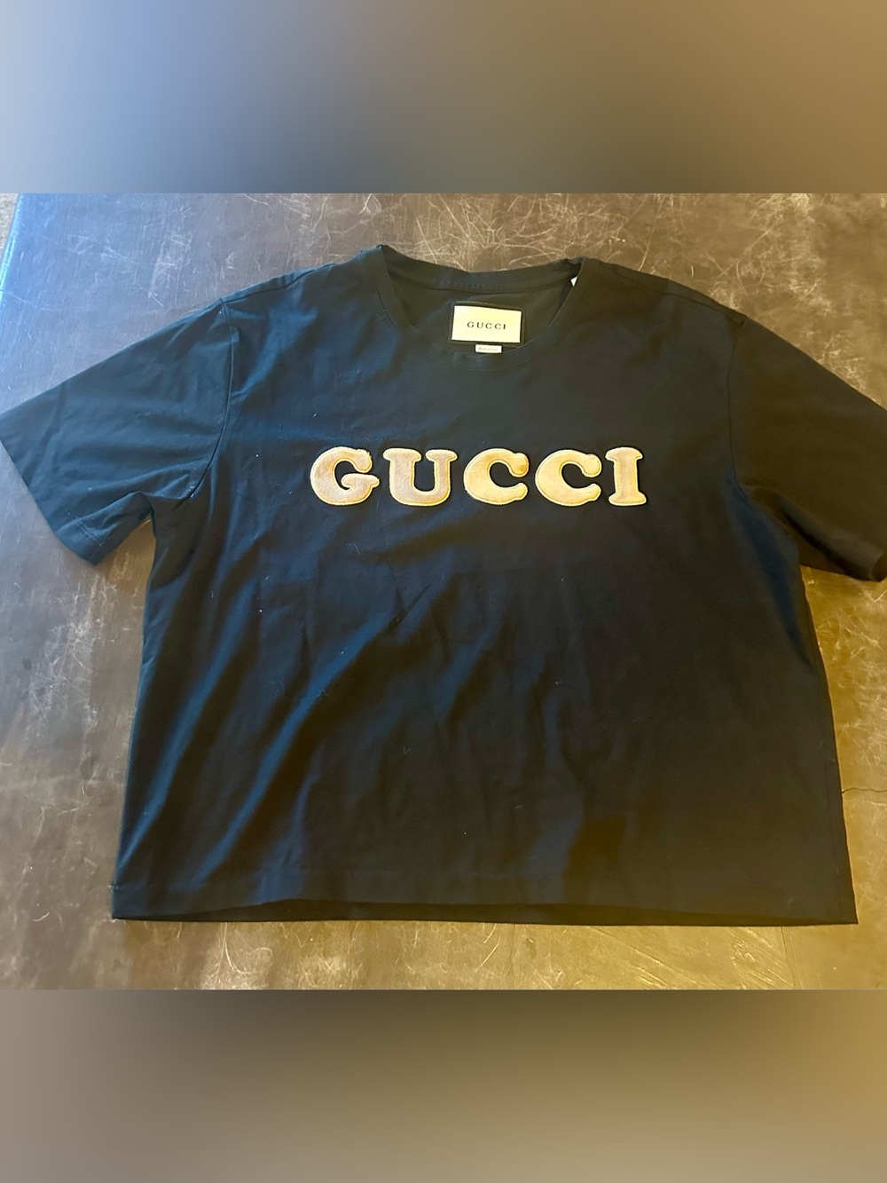 Gucci Black Short Sleeve Logo Tee with Beige Lettering